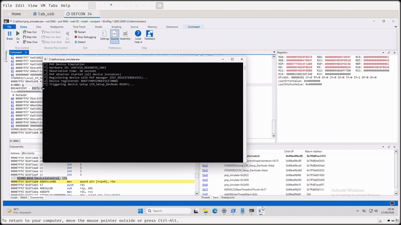 POC 2: PNP simulate query-only vs install flag on an emulated Wacom device, with SetupAPI log and WinDbg breakpoints